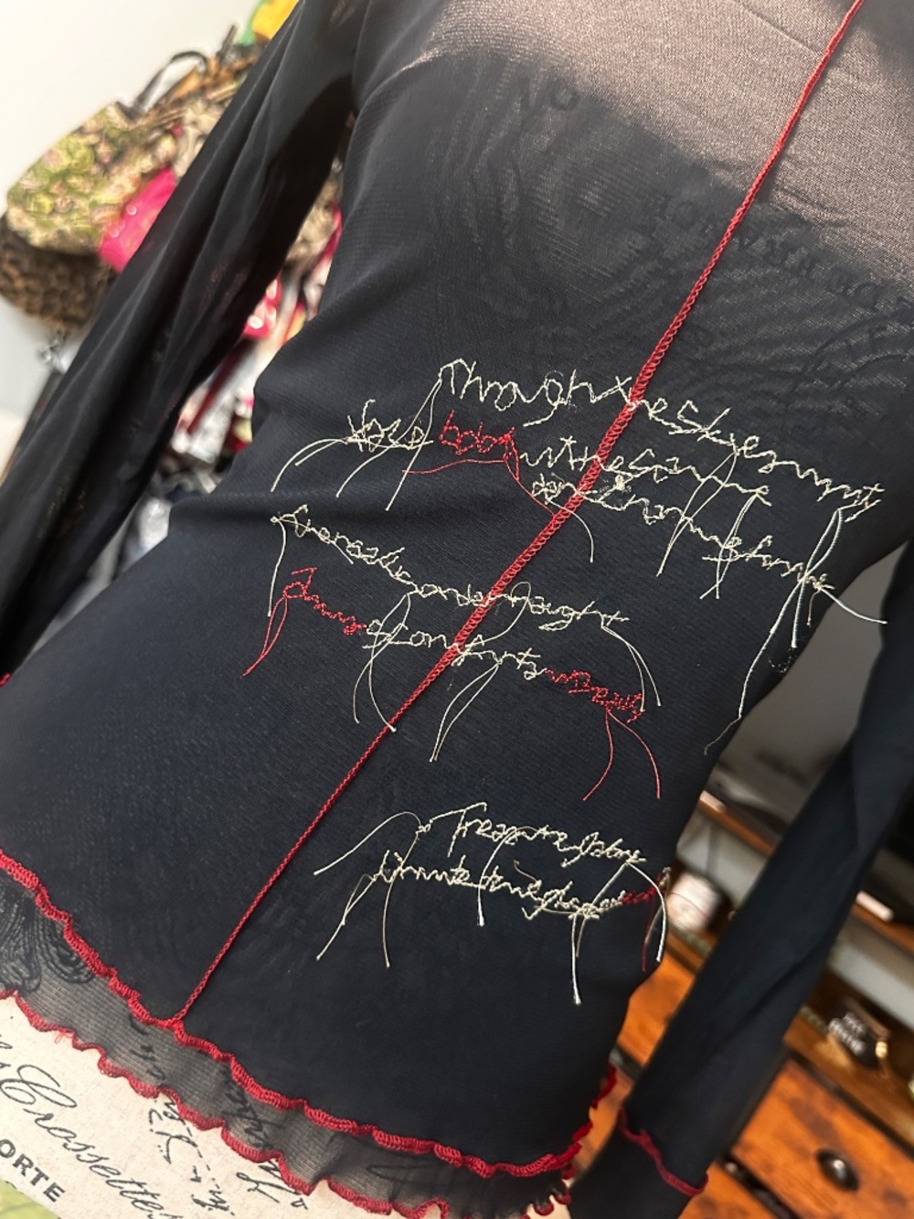Black double layer mesh euro long sleeve top with red trim and intentional threa - Picture 2 of 9